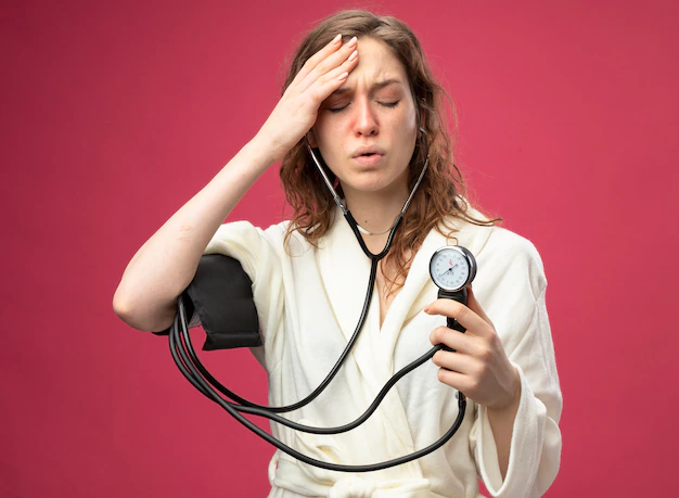 weak young ill girl with closed eyes wearing white robe measuring her own pressure with sphygmomanometer putting hand forehead isolated pink 141793 86341